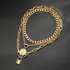 3pc Gold Layered Chain Necklace Set | Coin + Lock Pendant | Cuban & Paperclip